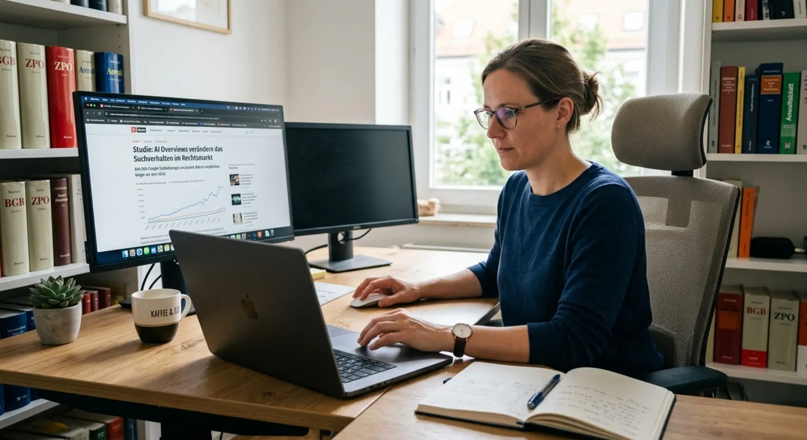 Eine Rechtsanwältin betrachtet Google-Suchergebnisse mit KI-Übersicht auf einem Laptop-Bildschirm