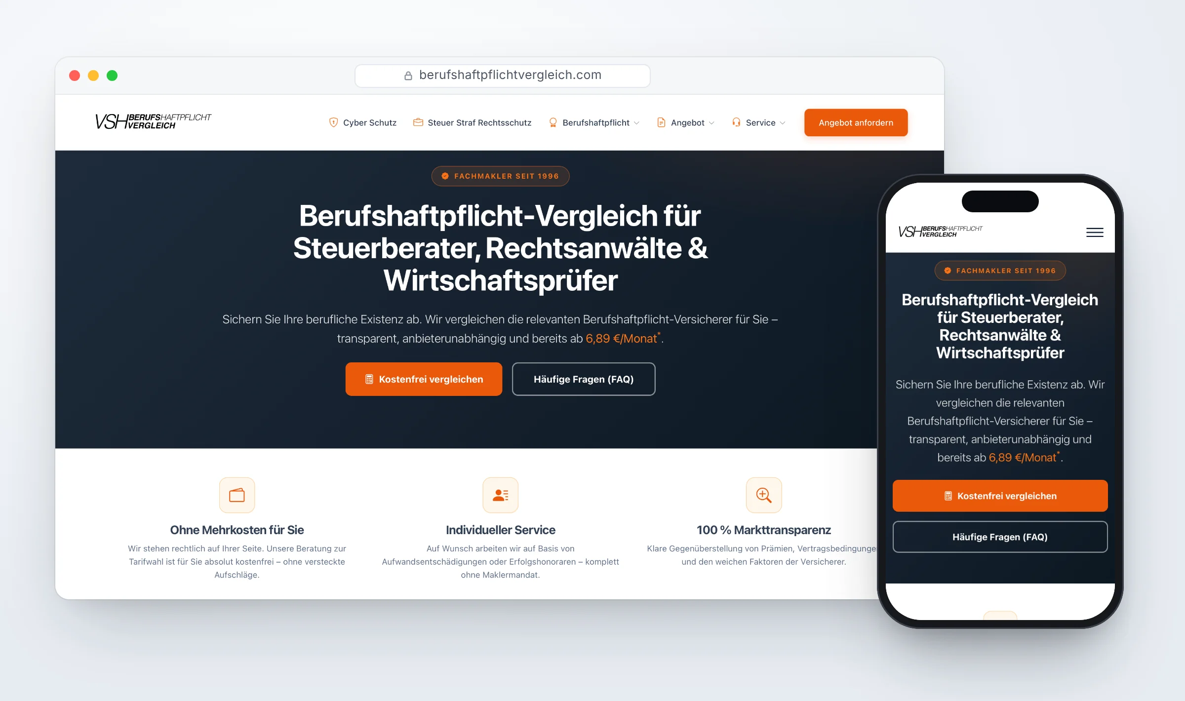 Ansicht von Berufshaftpflichtvergleich auf Laptop und Smartphone