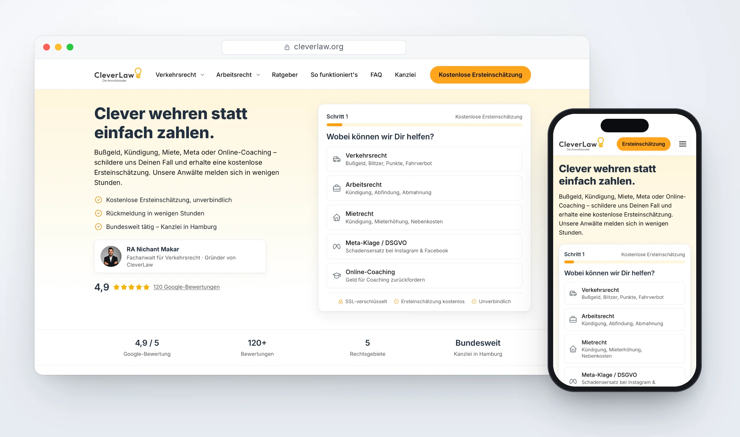 Ansicht von cleverlaw.org auf Laptop und Smartphone